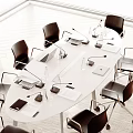 Modern Round White Conference Table with Black Chairs Laptops Microphones Water Glasses Documents and Tablet