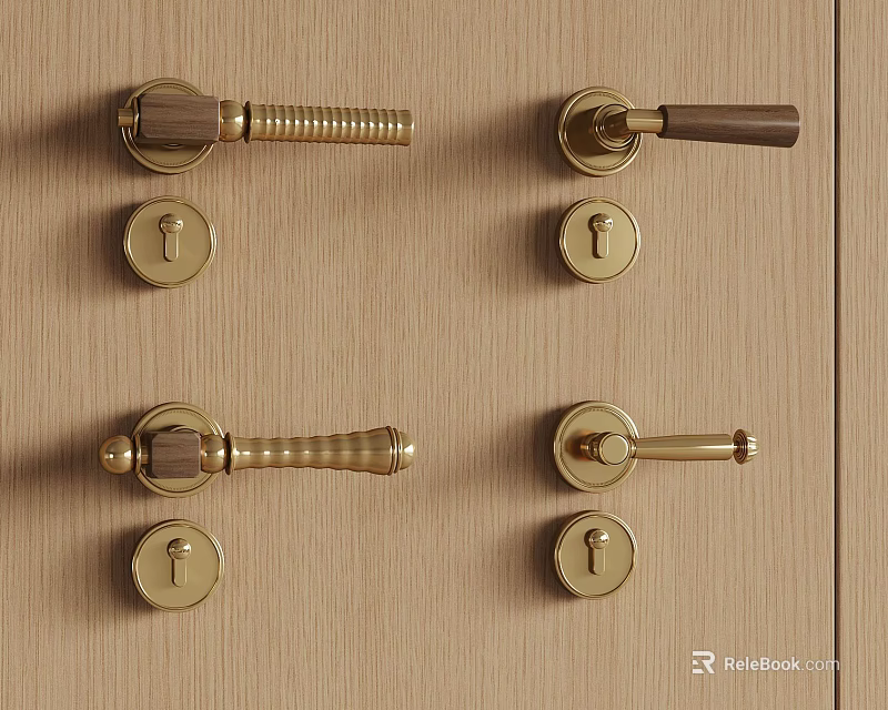 Brass Door Handles With Keyholes On Wooden Panel For Home Decor 3d model 