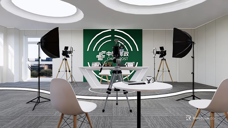 Modern Public Office Space With Green Wall Circular Lighting And Photography Equipment 3d model 