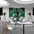 Modern Public Office Space With Green Wall Circular Lighting And Photography Equipment