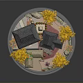 Traditional Asian Architectural Scene Model With Pagoda Golden Trees And Circular Base