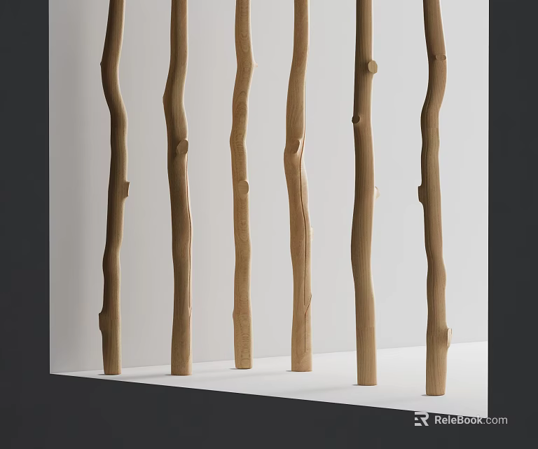 Row of Wooden Irregularly Shaped Pillars In Minimalist Display Space 3d model 