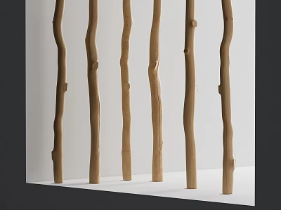 Row of Wooden Irregularly Shaped Pillars In Minimalist Display Space 3d model