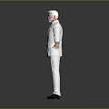 Man With White Hair In White Double Breasted Suit Standing Arms Outstretched Against Gray Background