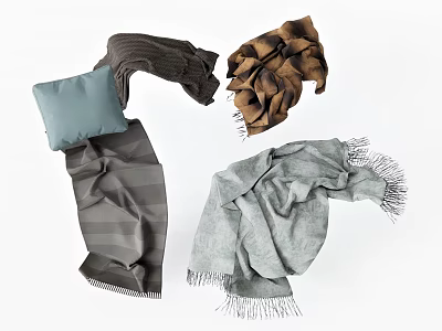 Soft Home Textiles Collection Including Gray Brown Blue Blankets Scarves And Pillow 3d model