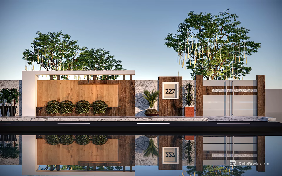 Scenic Feature Wall Design With Water Reflection Green Plants And House Number 227 3d model 