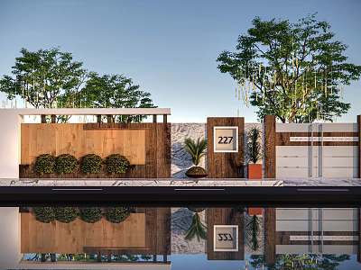 Scenic Feature Wall Design With Water Reflection Green Plants And House Number 227 3d model