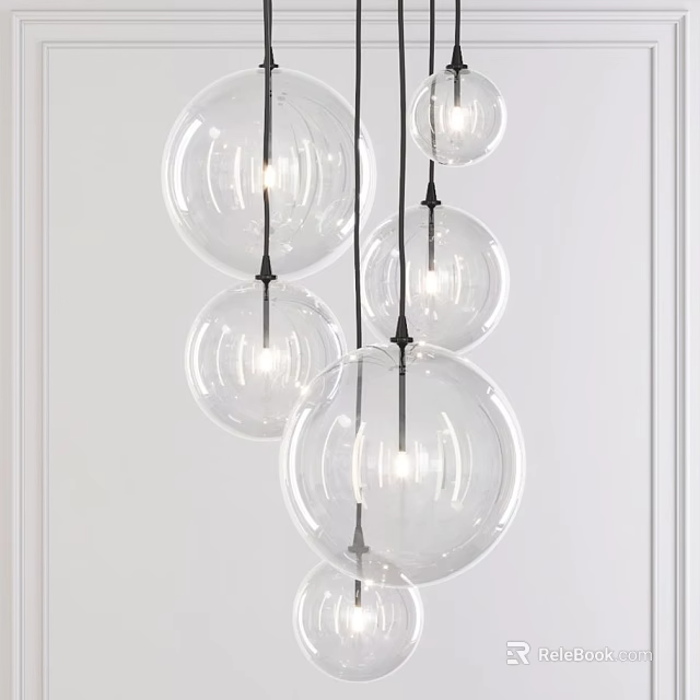 Modern Hanging Chandelier With Transparent Glass Globes And Black Metal Frames 3d model 