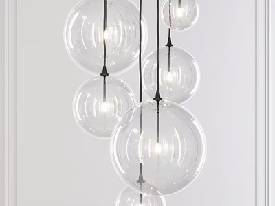 Modern Hanging Chandelier With Transparent Glass Globes And Black Metal Frames 3d model