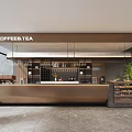 Modern Coffee Shop With Coffee Tea Sign Golden Bar Counter Shelves And Green Plant