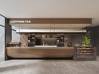 Modern Coffee Shop With Coffee Tea Sign Golden Bar Counter Shelves And Green Plant 3d model