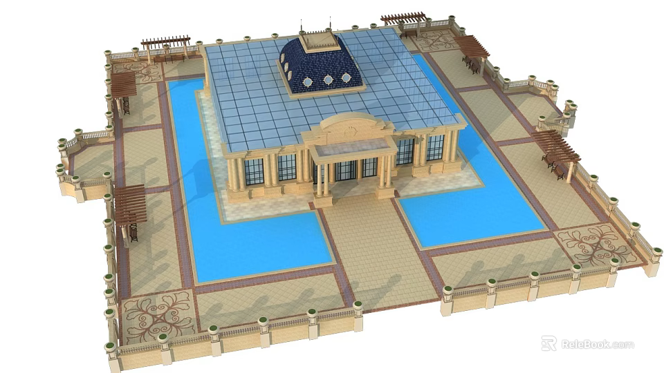 Ancient Architecture With Blue Roof Dome Symmetrical Design And Surrounding Water Pools 3d model 