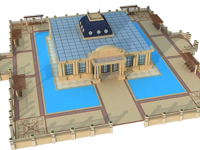 Ancient Architecture With Blue Roof Dome Symmetrical Design And Surrounding Water Pools 3d model