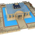 Ancient Architecture With Blue Roof Dome Symmetrical Design And Surrounding Water Pools