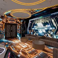 Futuristic Tech Inspired KTV Interior With Illuminated Decor Circular Light Strips Large Screens And Sofas 3d model