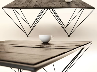 Dark Wooden Dining Table With Black Metal Geometric Legs And White Cup 3d model
