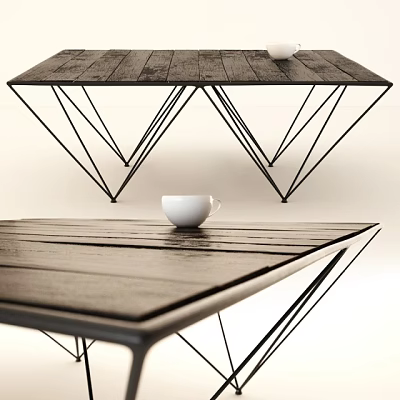 Dark Wooden Dining Table With Black Metal Geometric Legs And White Cup 3d model