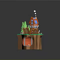 Cartoon Scene With Red And Blue House Green Trees Wooden Logs Ladder And Grassy Base