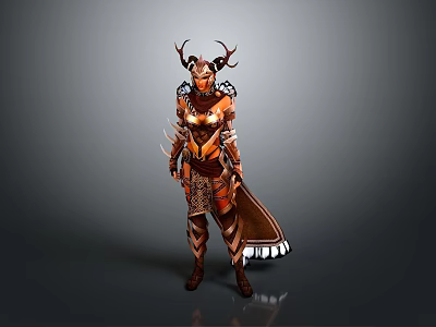 Orange Armored Costume With Antler Decoration Spiked Details And Metallic Texture 3d model