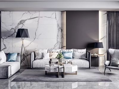 Modern Sofa And Coffee Table Set With Decorative Pillows Floor Lamp And Marble Wall 3d model