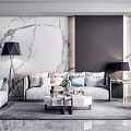 Modern Sofa And Coffee Table Set With Decorative Pillows Floor Lamp And Marble Wall 3d model