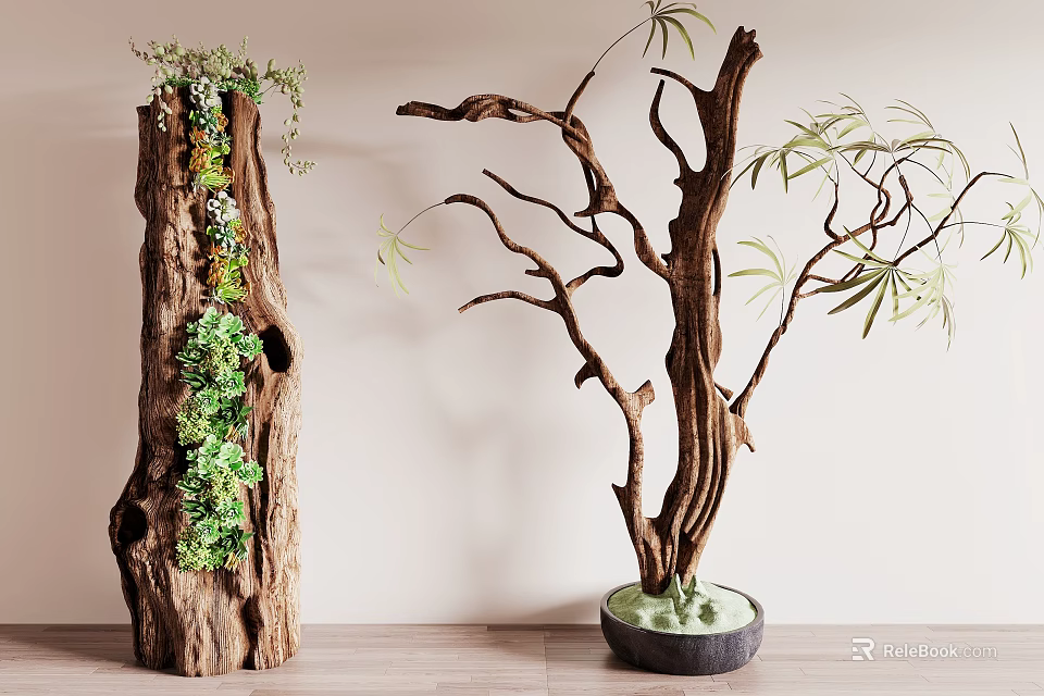 Natural Branch Shaped Floor Lamp With Wooden Base And Green Plant Decor 3d model 
