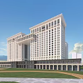 Modern White Office Building With Large Windows Colonnade Base Lawn Water Pool And Blue Sky