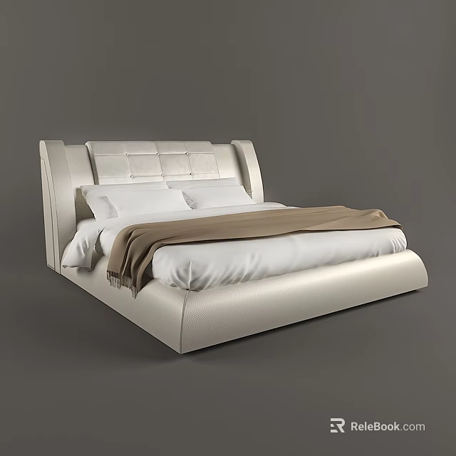 Modern White Leather Double Bed With Upholstered Headboard And Brown Blanket 3d model 