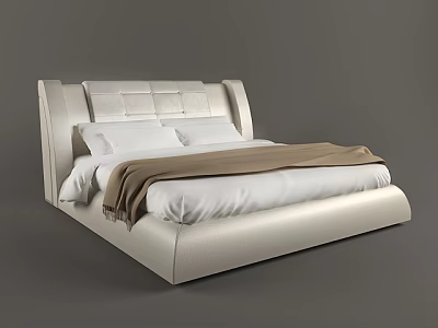 Modern White Leather Double Bed With Upholstered Headboard And Brown Blanket 3d model