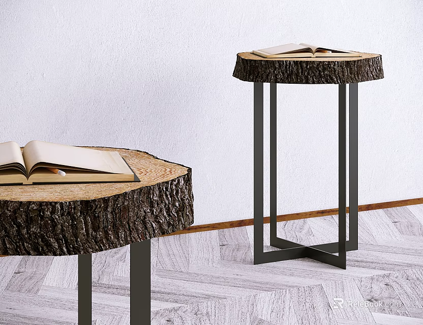 Natural Style Modern Side Table With Wooden Log Top And Metal Legs With Open Book 3d model 