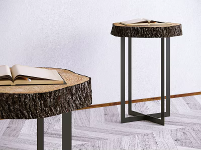 Natural Style Modern Side Table With Wooden Log Top And Metal Legs With Open Book 3d model