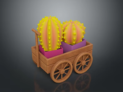Colorful Spiky Cactus Plants in Wooden Cart with Pink Yellow Pots 3d model