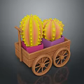 Colorful Spiky Cactus Plants in Wooden Cart with Pink Yellow Pots