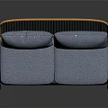 Modern Sofa With Rattan Backrest Blue Cushions And Black Metal Frame Design