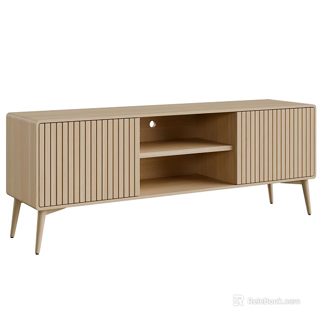 Modern Light Wood TV Stand with Vertical Slatted Doors Open Shelf and Slim Legs 3d model 