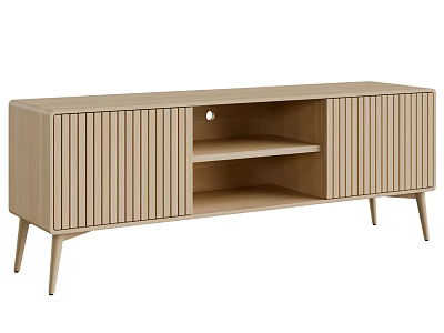 Modern Light Wood TV Stand with Vertical Slatted Doors Open Shelf and Slim Legs 3d model