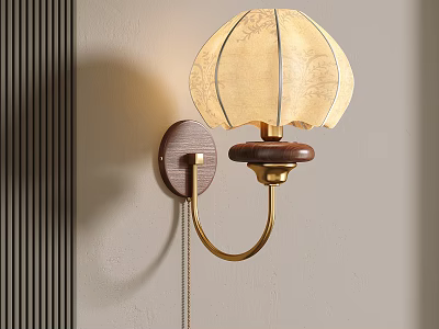 Elegant Wall Lamp With Patterned Shade Wooden Base And Golden Bracket Mounted On Wall 3d model