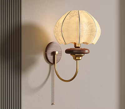 Elegant Wall Lamp With Patterned Shade Wooden Base And Golden Bracket Mounted On Wall 3d model