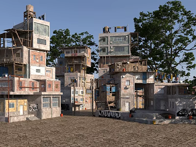 Dense Weathered Multi Story Buildings In Outdoor Urban Area With Trees 3d model