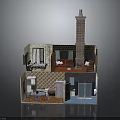 3D House Model Interior Scene With Living Room Fireplace Kitchen Dining And Bathroom Areas