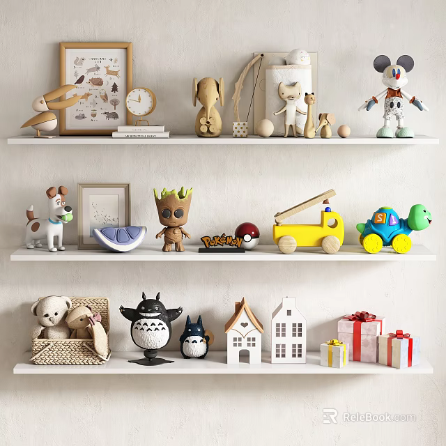 Cute Dolls And Toys Display On White Shelves 3d model 