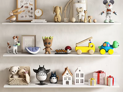 Cute Dolls And Toys Display On White Shelves 3d model