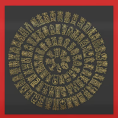 Golden Circular Wall Decor With Chinese Characters Black Background And Red Border 3d model