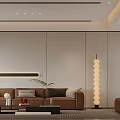 Modern Living Dining Room Interior TV Wall Shelves Brown Sofa Coffee Table Decor City View