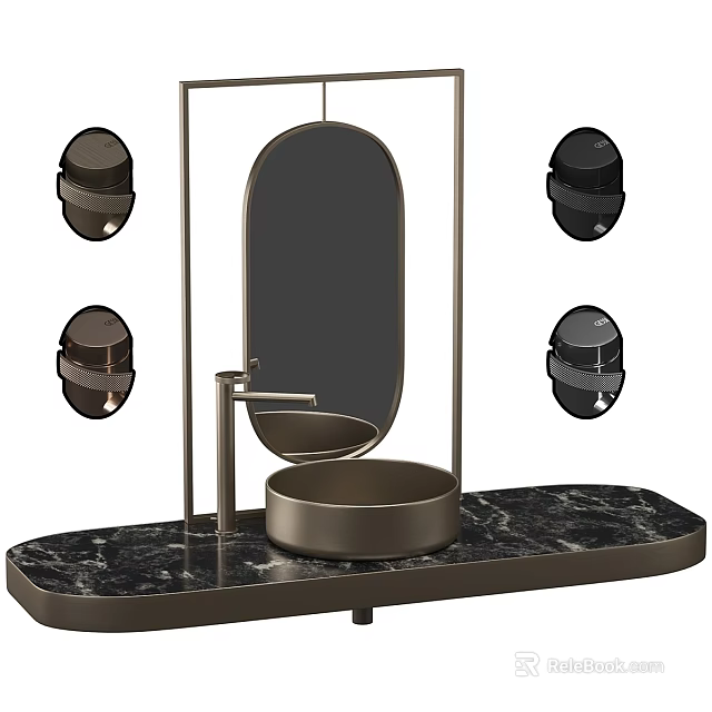 Modern Bathroom Vanity With Marble Countertop Round Basin Oval Mirror And Wall Sconces 3d model 