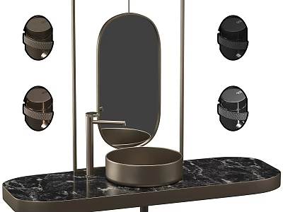 Modern Bathroom Vanity With Marble Countertop Round Basin Oval Mirror And Wall Sconces 3d model