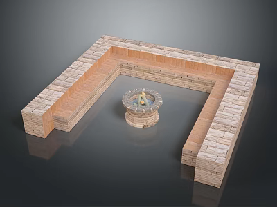 Stone Brick Square Structure With Central Decorative Circular Fountain 3d model