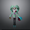 3D Cartoon Character With Geometric Teal Headwear Striped Clothing And Purple Object