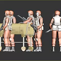 Military Personnel in Orange Uniforms with Wheeled Stretcher and Weapons Group Arrangement