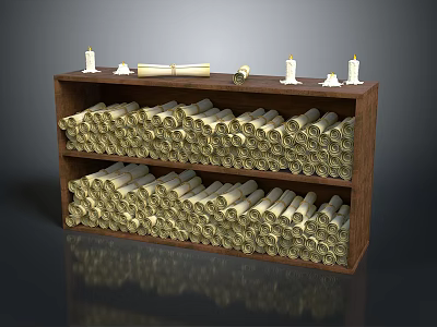 Wooden Bookshelf Display With Scrolls And White Animal Statues Collection 3d model